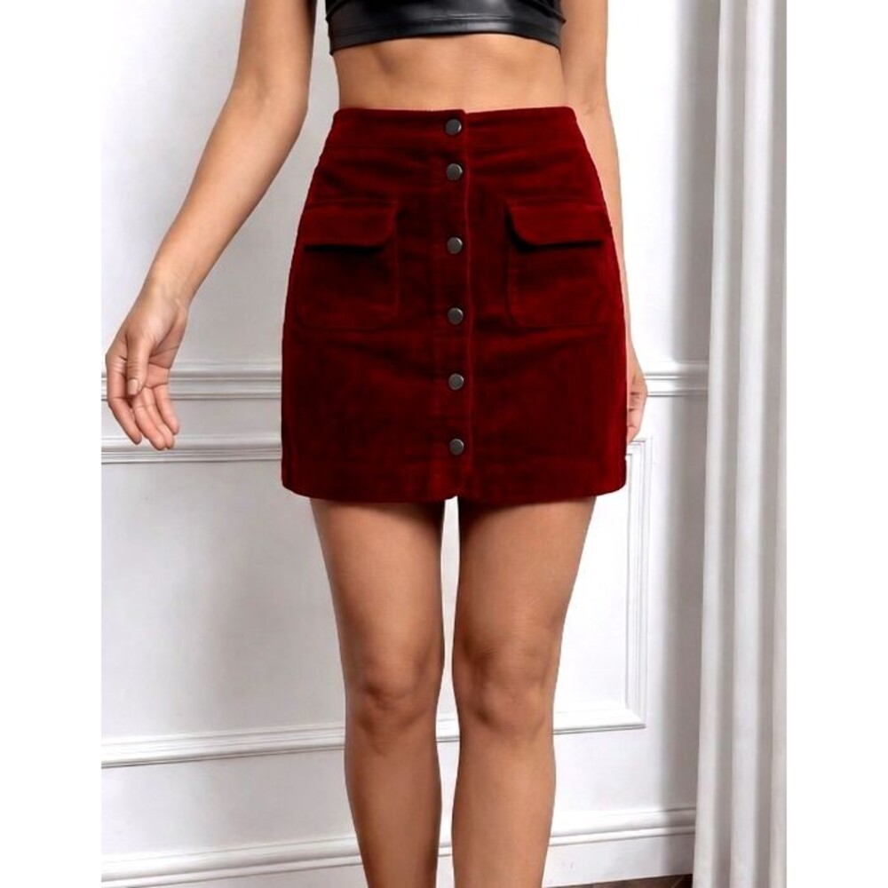 Loft Corduroy Mini Skirt 6 Button Front Casual Pockets Cotton Burgundy Size 8